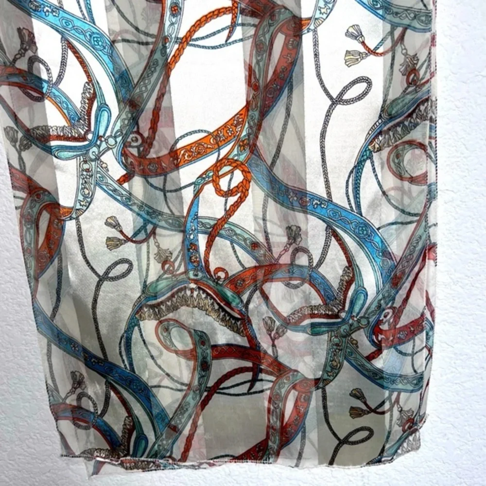 Satin & Sheer Ivory Rust & Blue Printed Scarf Ascot Hair Wrap